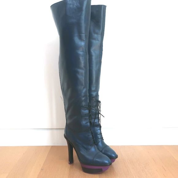 Louis Vuitton Shoes - Louis Vuitton Lace-Up Thigh High Platform Boots Navy Leather Size 39